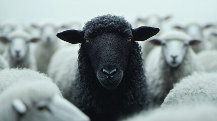 A striking portrait of a black sheep surrounded by white sheep, highlighting uniqueness and individuality in nature and the animal kingdom.