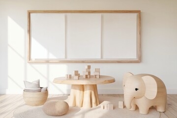 Cozy playroom with wooden frame, toys, and elephant stool