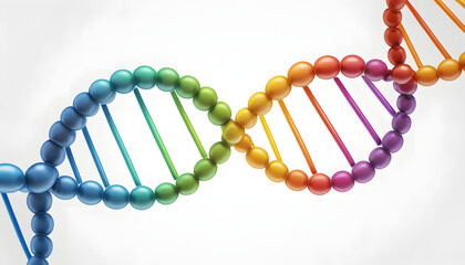 Modern scientific illustration of a DNA strand with each component colored differently, creating a rainbow effect, on a clean white background.