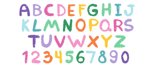 Crayon kids font, doodle funny playful alphabet, hand drawn letters and numbers. School wax crayon abc for educational banners, school, kindergarten. Vector cartoon children illustration