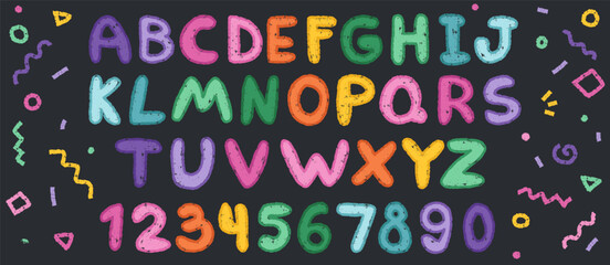 Crayon kids font, children cartoon alphabet with doodle hand drawn letters and numbers. Chalk style abc for educational banners, kindergarten, book covers. Vector illustration. 