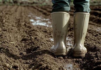 Obraz premium Muddy Boots in Freshly Plowed Soil