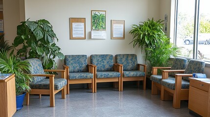 A waiting area with five blue chairs, two potted plants, a window and two framed pictures on the wall.