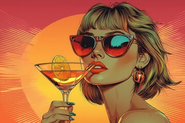 A retro woman with sunglasses and orange lipstick, holding an elegant martini glass with a lemon slice inside, against a vibrant background. 