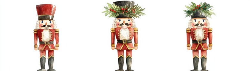 Three colorful nutcracker figurines adorned with festive decorations, embodying holiday spirit and cheer.