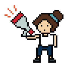 Fototapeta premium Cute pixel cartoon character woman with megaphone announcement speaker information announce decoration 8 bit female girl lady megaphone cartoon pixel game png vector.