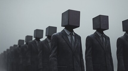 Line of faceless figures in suits symbolizing corporate conformity and uniformity.