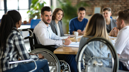 Fototapeta premium Businessman in a wheelchair. A person with disabilities is engaged in business, his own business.