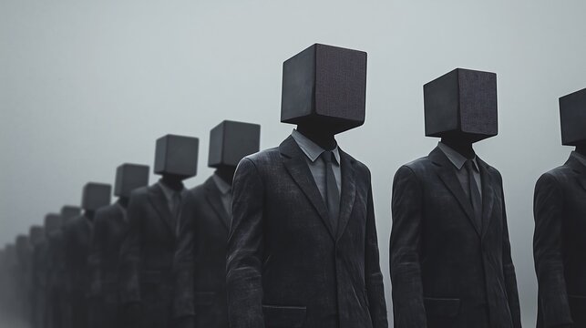 Line of faceless figures in suits symbolizing corporate conformity and uniformity.
