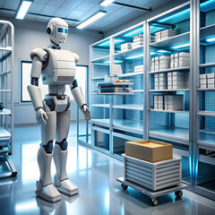Naklejka premium A robot efficiently organizes medical supplies in a futuristic setting, showcasing advanced technology.