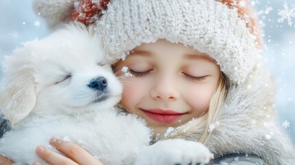 Fototapeta premium A young girl cuddles a fluffy white puppy during a snowy day, both are warmly dressed, exuding warmth and joy in this serene winter wonderland scene.
