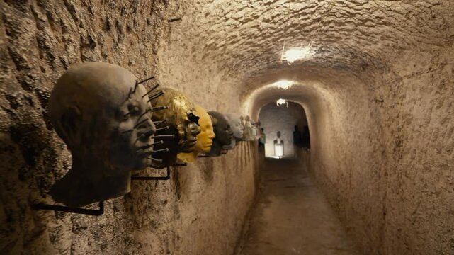 Lungo corridoio sotterraneo, scavato nel tufo con statue che rappresentano volti appese a una parete