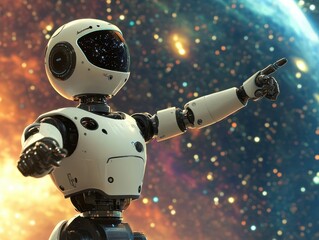 friendly, positive robot with a playful expression pointing towards an expansive outer space, inviting viewers to explore new possibilities, embodying the spirit of innovation and technology