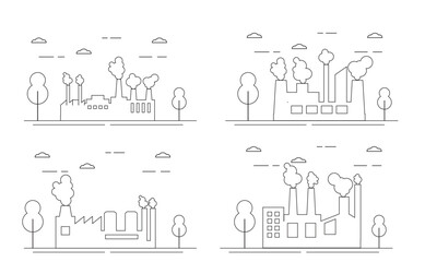 Set of Industrial Factories with Steaming Pipes Line Art. Industrial plants and production of goods vector art