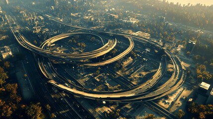 Aerial view of a complex highway interchange with traffic flowing through the loops.