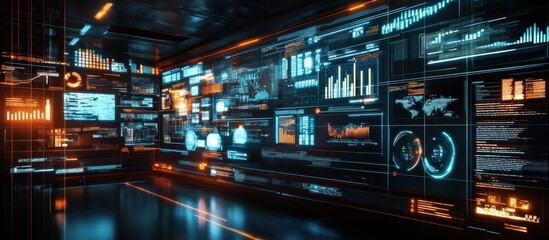 Futuristic room with screens displaying digital data, charts, and graphs.