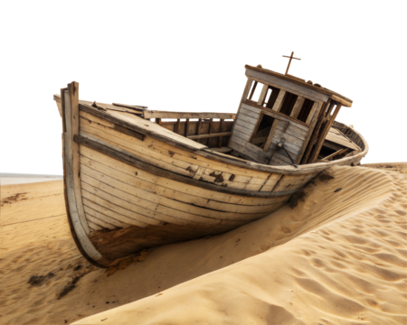 Abandoned wooden boat stranded on desert sand, transparent or white isolate background.
