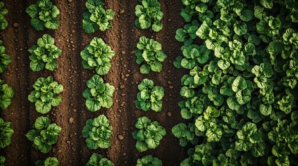 Aerial view of healthy sorrel crops in rows on rich farmland