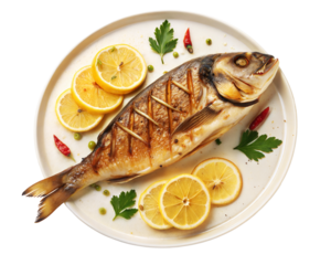 Grilled fish with lemon slices and herbs on a transparent or white plate.