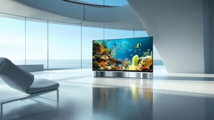 A modern living room with a large aquarium display showcasing colorful marine life and a panoramic view of the sea