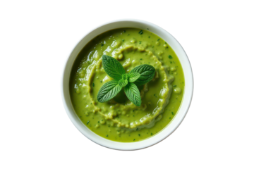 Mint chutney isolated on a transparent background. Green spicy Indian sauce. 