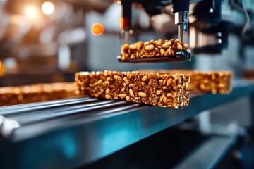 A close up shot of a conveyor belt with energy bars moving along it in a food factory