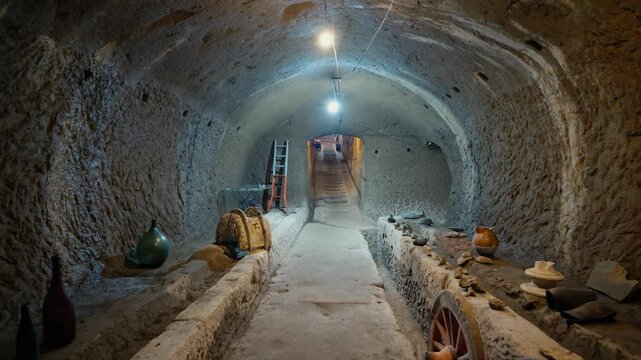 Cantina sotterranea scavata nel tufo con corridoio ripreso in direzione dell'uscita