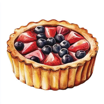 watercolor fruit tart with strawberries and blueberries clip art preview