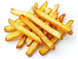 golden french fries artistically arranged on a pristine white background, highlighting their crispy texture and delicious appeal, evoking a sense of appetizing indulgence