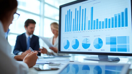 Business Team Analyzing Customer Satisfaction Data on a Screen for Continuous Improvement