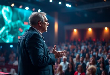 Speaker Addressing Large Audience at Business Conference