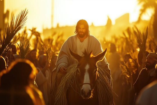 The triumphant procession of Palm Sunday, with Jesus riding on a donkey through a jubilant crowd that waves palm branches in adoration. 