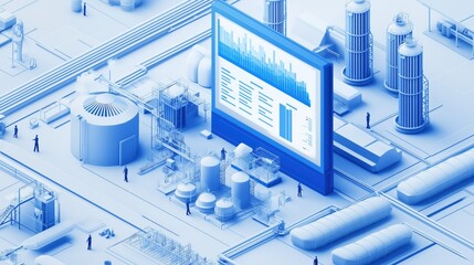 Fototapeta premium White and blue isometric illustration of an industrial plant with data charts above it
