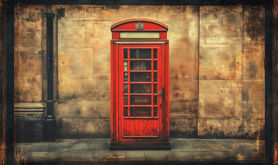 Obraz premium A London red telephone box with a weathered, vintage look displays rustic British charm, textured and distressed historic character.