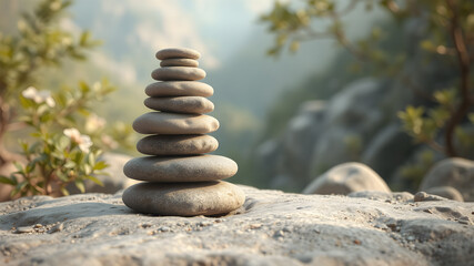 Stack of zen stones on nature background.
