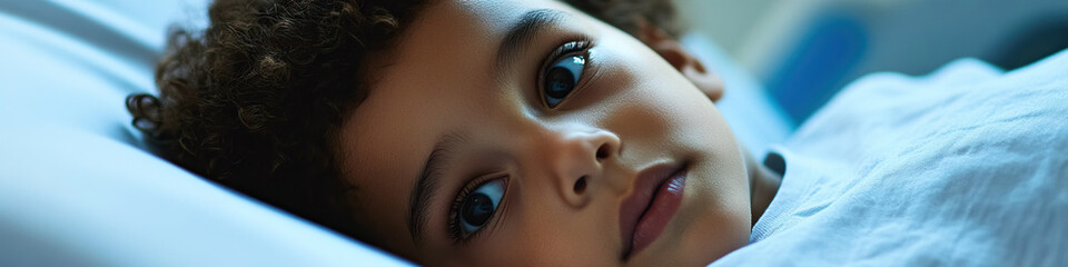 Naklejka premium A young child lying in a hospital bed, facing their fears with resilience.