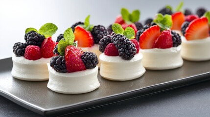 Delicious desserts topped with fresh berries and mint leaves.