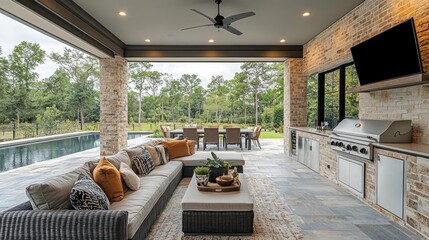 Outdoor living space with seating, dining, and pool view.