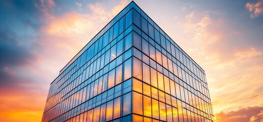 Modern glass skyscraper reflecting the sunset sky.