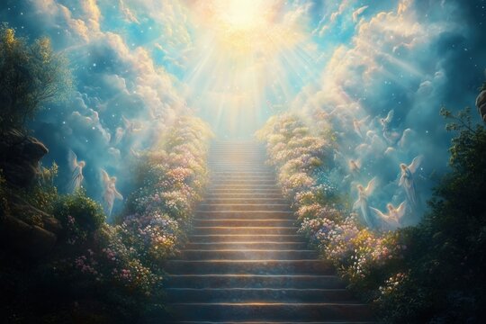 The celestial veil lifting to reveal a stairway to heaven, adorned with angels ascending and descending amidst a breathtaking panorama of light and grace