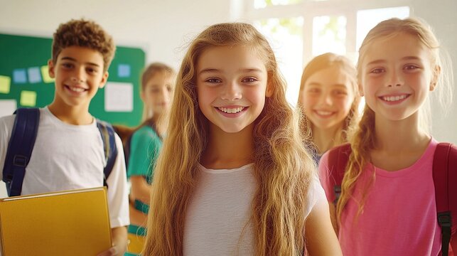 Students Smiling Together in a Bright Classroom, Showcasing Camaraderie and Enthusiasm During a School Activity in the Morning Light