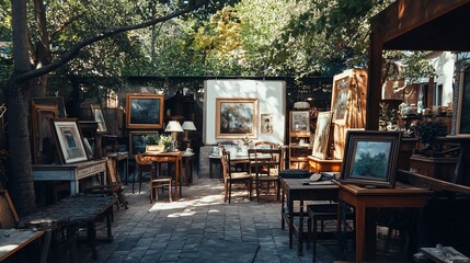 Fototapeta premium A courtyard filled with antique furniture, paintings, and art, with a table, chairs, and lamps.