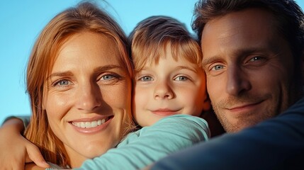 Obraz premium A Family Enjoys a Warm Sunset Together, With a Mother and Father Lovingly Embracing Their Happy Child, Radiating Joy and Togetherness in a Serene Outdoor Setting