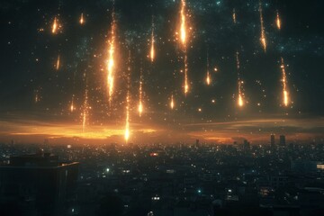 Fototapeta premium Cityscape with Falling Fire and Stars