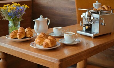 coffee on a table in a cozy cafe surrounded by flowers