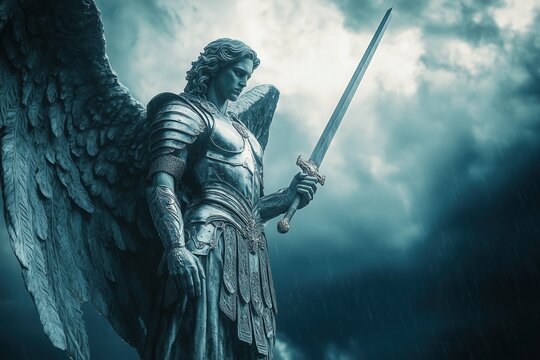 A vision of Saint Michael the Archangel, clad in shining armor and holding a sword aloft against a dark stormy sky. His gaze is resolute, embodying protection and righteousness