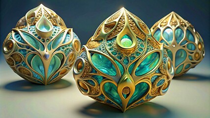 3D colorful Jewelry art forms with golden patterns background texture