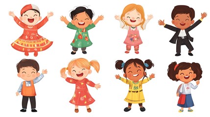 Fototapeta premium a group of cartoon kids with arms outstretched