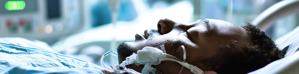 Naklejka premium An intubated patient suspended between life and death in an ICU room.