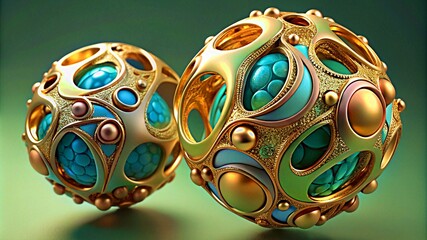 3D colorful Jewelry art forms with golden patterns background texture
